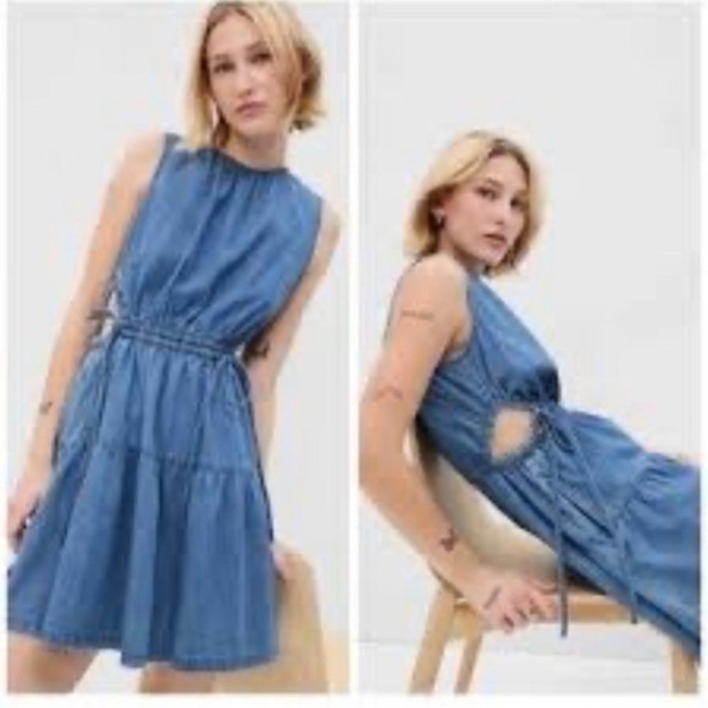 Gap Denim Cut-Out‎ Tiered Mini Dress S Blue